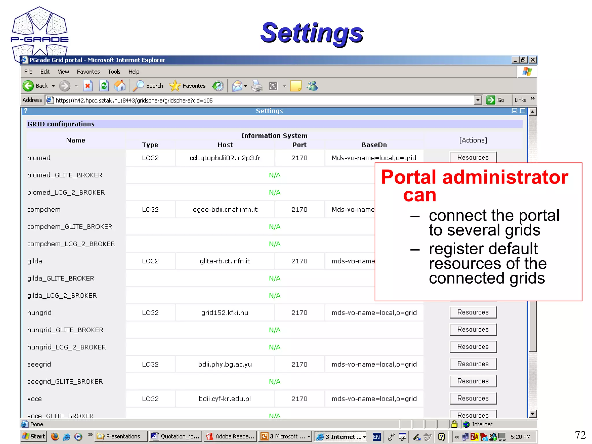 Settings




           Portal administrator
             can
              – connect the portal
                to several grids
              – register default
                resources of the
                connected grids




                                     72
 