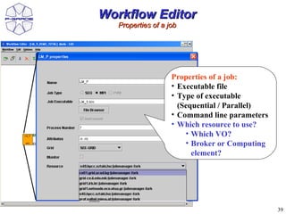 Workflow Editor
   Properties of a job




                    Properties of a job:
                    • Executable file
                    • Type of executable
                      (Sequential / Parallel)
                    • Command line parameters
                    • Which resource to use?
                        • Which VO?
                        • Broker or Computing
                          element?




                                                39
 