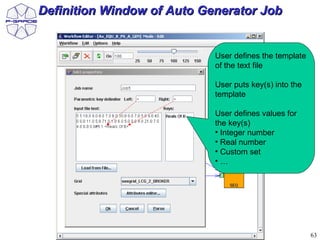 Definition Window of Auto Generator Job


                            User defines the template
                            of the text file

                            User puts key(s) into the
                            template

                            User defines values for
                            the key(s)
                            • Integer number
                            • Real number
                            • Custom set
                            •…




                                                        63
 