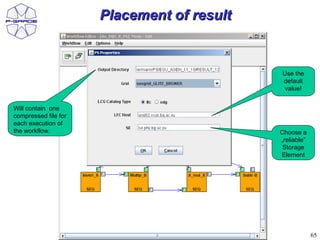 Placement of result


                                            Use the
                                            default
                                             value!


Will contain one
compressed file for
each execution of
the workflow.                               Choose a
                                            „reliable”
                                             Storage
                                            Element




                                                         65
 
