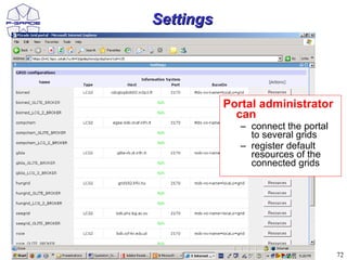 Settings




           Portal administrator
             can
              – connect the portal
                to several grids
              – register default
                resources of the
                connected grids




                                     72
 