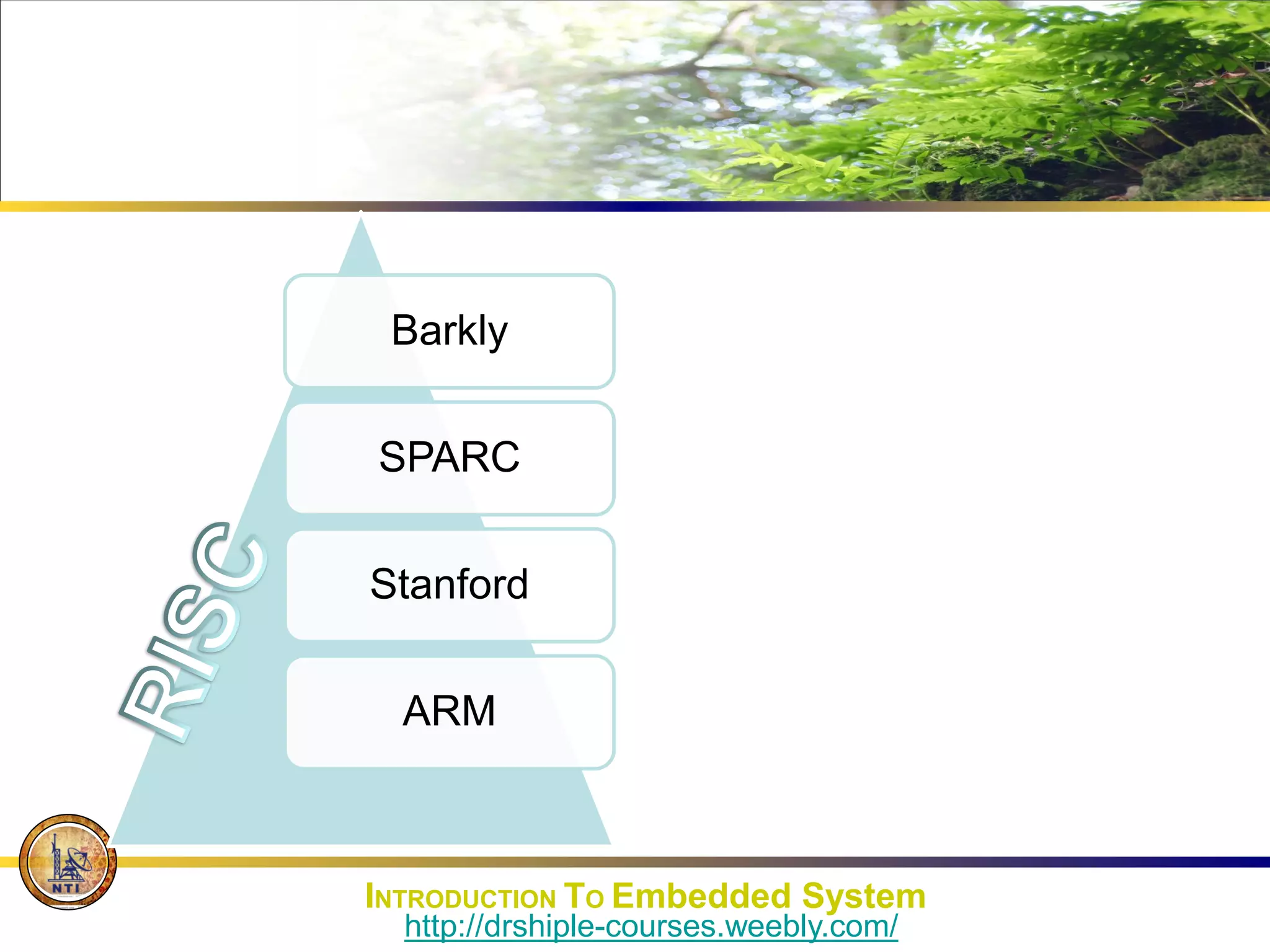 Barkly
SPARC
Stanford
ARM
INTRODUCTION TO Embedded System
http://drshiple-courses.weebly.com/
 