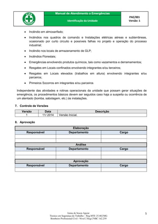 Manual de Atendimento a Emergências
PAE/001
Versão: 1Identificação da Unidade
Izaias de Souza Aguiar
Técnico em Segurança do Trabalho – Reg.MTE 25.482/MG
Bombeiro Profissional Civil - Nível 2 Reg.CNBC 162.259
5
 Incêndio em almoxarifado;
 Incêndios nos quadros de comando e Instalações elétricas aéreas e subterrâneas,
ocasionado por curto circuito e possíveis falhas no projeto e operação do processo
industrial;
 Incêndio nos locais de armazenamento de GLP;
 Incêndios Florestais;
 Emergências envolvendo produtos químicos, tais como vazamentos e derramamentos;
 Resgates em Locais confinados envolvendo integrantes e/ou terceiros;
 Resgates em Locais elevados (trabalhos em altura) envolvendo integrantes e/ou
parceiros;
 Primeiros Socorros em integrantes e/ou parceiros
Independente das atividades e rotinas operacionais da unidade que possam gerar situações de
emergência, os procedimentos básicos devem ser seguidos caso haja a suspeita ou ocorrência de
um atentado (bomba, sabotagem, etc.) às instalações.
7. Controle de Versões
Versão Data Descrição
1 11/ 2014 Versão Inicial.
8. Aprovação
Elaboração
Responsável Departamento Cargo
Análise
Responsável Departamento Cargo
Aprovação
Responsável Departamento Cargo
 