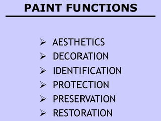 PAINT FUNCTIONS
 AESTHETICS
 DECORATION
 IDENTIFICATION
 PROTECTION
 PRESERVATION
 RESTORATION
 