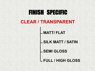 FINISH SPECIFIC
MATT/ FLAT
SILK MATT / SATIN
SEMI GLOSS
FULL / HIGH GLOSS
CLEAR / TRANSPARENT
 