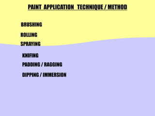 SPRAYING
PADDING / RAGGING
KNIFING
DIPPING / IMMERSION
PAINT APPLICATION TECHNIQUE / METHOD
ROLLING
BRUSHING
 