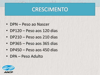 • DPN – Peso ao Nascer
• DP120 – Peso aos 120 dias
• DP210 – Peso aos 210 dias
• DP365 – Peso aos 365 dias
• DP450 – Peso aos 450 dias
• DPA – Peso Adulto
 