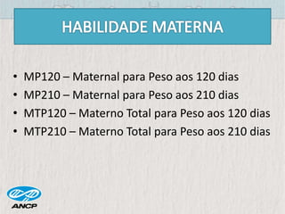 • MP120 – Maternal para Peso aos 120 dias
• MP210 – Maternal para Peso aos 210 dias
• MTP120 – Materno Total para Peso aos 120 dias
• MTP210 – Materno Total para Peso aos 210 dias
 