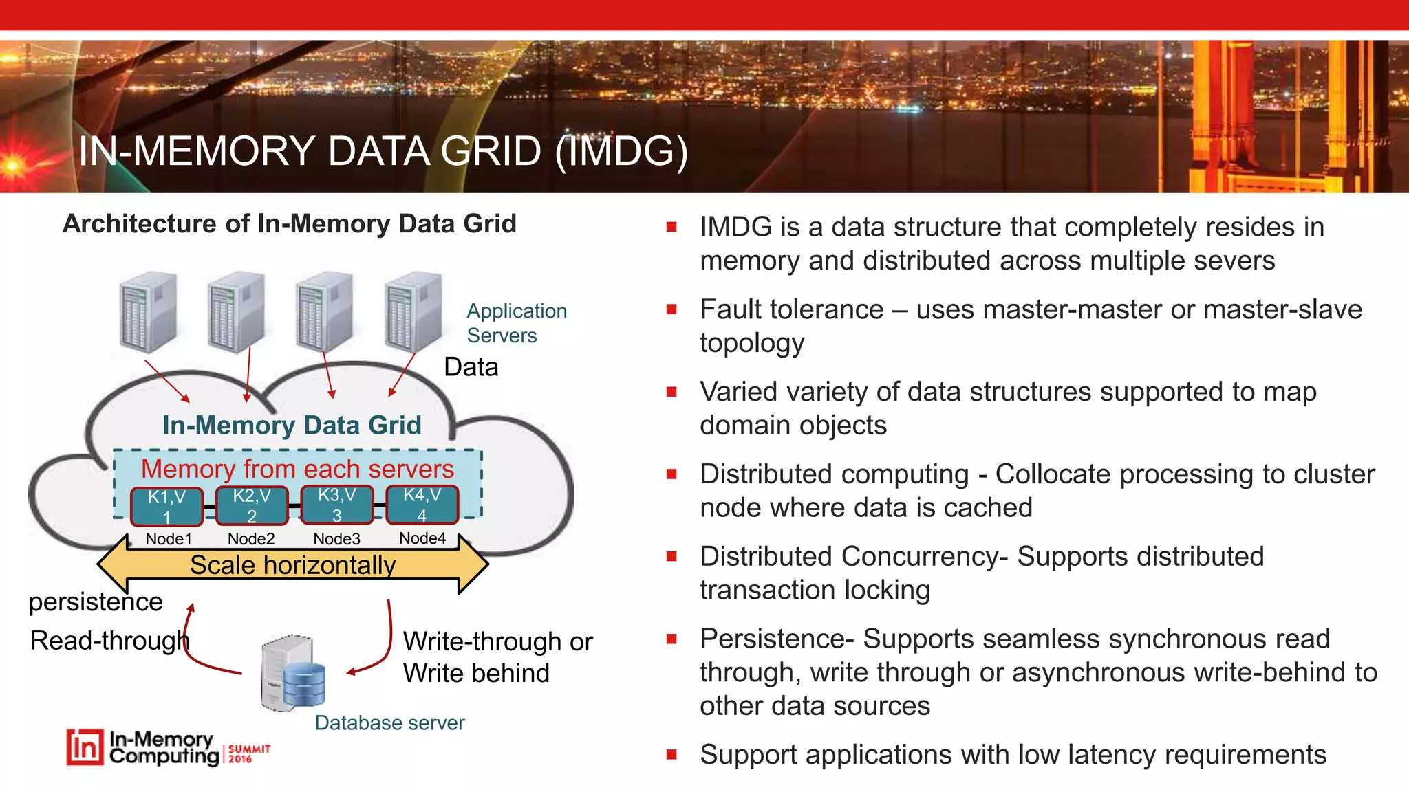 IN-MEMORY DATA GRID (IMDG) Architecture of In-Memory Data Grid  IMDG is a data structure that completely resides in memory and distributed across multiple severs  Fault tolerance – uses master-master or master-slave topology  Varied variety of data structures supported to map domain objects  Distributed computing - Collocate processing to cluster node where data is cached  Distributed Concurrency- Supports distributed transaction locking  Persistence- Supports seamless synchronous read through, write through or asynchronous write-behind to other data sources  Support applications with low latency requirements Database server Application Servers Node1 Memory from each servers K1,V 1 K2,V 2 K3,V 3 K4,V 4 Node2 Node3 Node4 In-Memory Data Grid Scale horizontally Data Write-through or Write behind Read-through persistence 