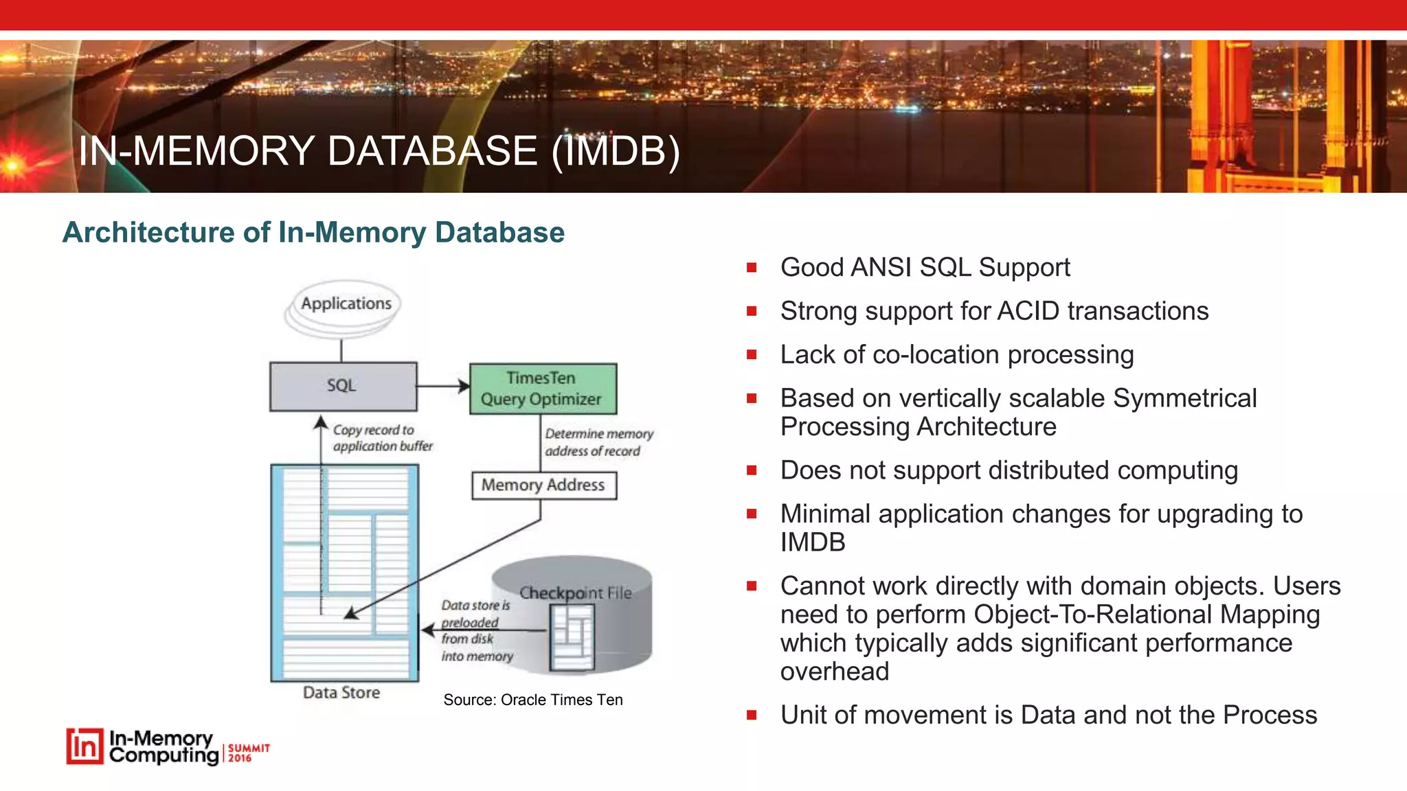IN-MEMORY DATABASE (IMDB) Architecture of In-Memory Database  Good ANSI SQL Support  Strong support for ACID transactions  Lack of co-location processing  Based on vertically scalable Symmetrical Processing Architecture  Does not support distributed computing  Minimal application changes for upgrading to IMDB  Cannot work directly with domain objects. Users need to perform Object-To-Relational Mapping which typically adds significant performance overhead  Unit of movement is Data and not the Process Source: Oracle Times Ten 