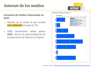 Internet de los medios
● Internet es el medio al que accede
más población (excepto la TV).
● 2005: lanzamiento tarifas planas
ADSL. Hito en la democratización de
la penetración de Internet en España.
Consumo de medios internautas vs.
total:
Penetración medios en España %
Fuente de imagen: Resumen General de resultados EGM. Febrero- Noviembre 2015
 