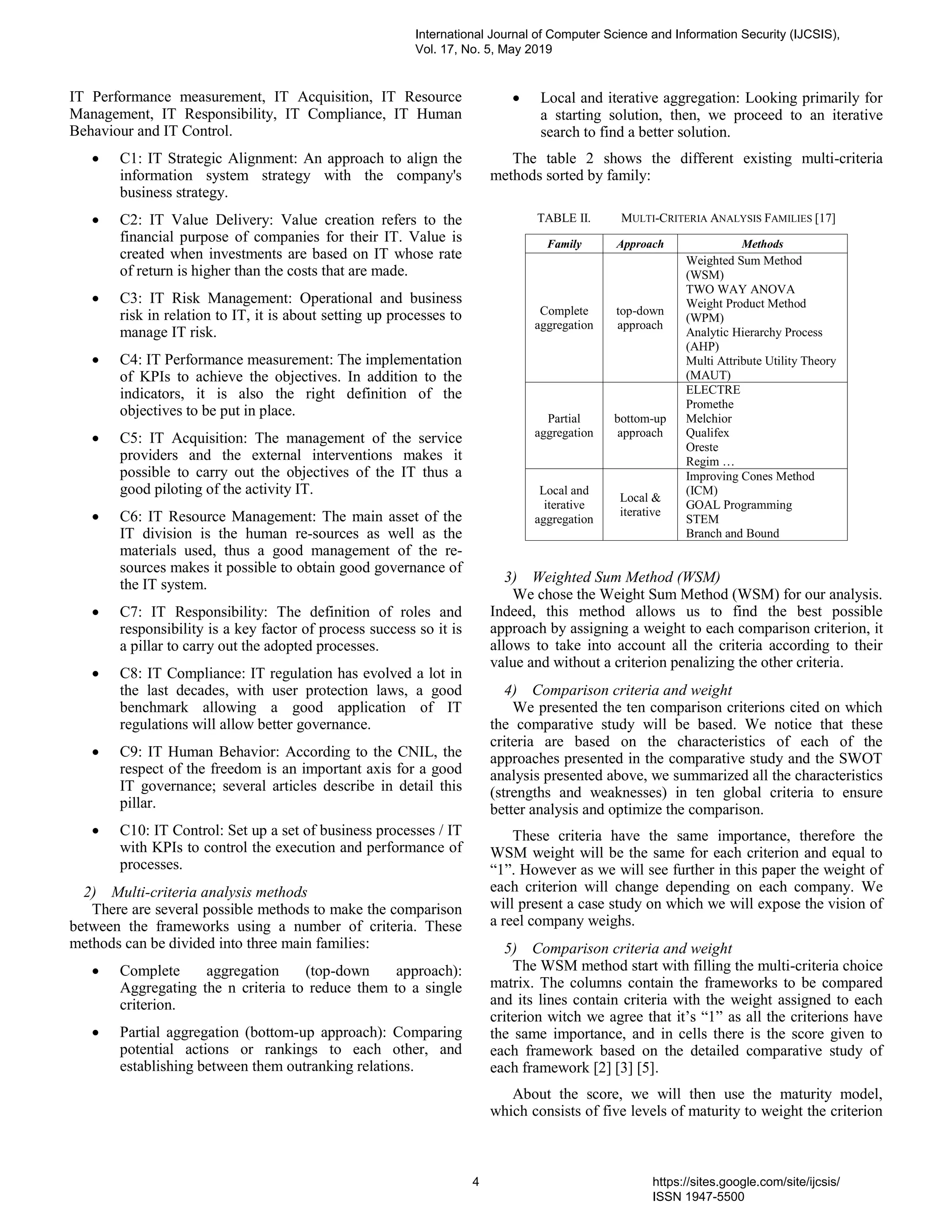 IT Performance measurement, IT Acquisition, IT Resource
Management, IT Responsibility, IT Compliance, IT Human
Behaviour and IT Control.
 C1: IT Strategic Alignment: An approach to align the
information system strategy with the company's
business strategy.
 C2: IT Value Delivery: Value creation refers to the
financial purpose of companies for their IT. Value is
created when investments are based on IT whose rate
of return is higher than the costs that are made.
 C3: IT Risk Management: Operational and business
risk in relation to IT, it is about setting up processes to
manage IT risk.
 C4: IT Performance measurement: The implementation
of KPIs to achieve the objectives. In addition to the
indicators, it is also the right definition of the
objectives to be put in place.
 C5: IT Acquisition: The management of the service
providers and the external interventions makes it
possible to carry out the objectives of the IT thus a
good piloting of the activity IT.
 C6: IT Resource Management: The main asset of the
IT division is the human re-sources as well as the
materials used, thus a good management of the re-
sources makes it possible to obtain good governance of
the IT system.
 C7: IT Responsibility: The definition of roles and
responsibility is a key factor of process success so it is
a pillar to carry out the adopted processes.
 C8: IT Compliance: IT regulation has evolved a lot in
the last decades, with user protection laws, a good
benchmark allowing a good application of IT
regulations will allow better governance.
 C9: IT Human Behavior: According to the CNIL, the
respect of the freedom is an important axis for a good
IT governance; several articles describe in detail this
pillar.
 C10: IT Control: Set up a set of business processes / IT
with KPIs to control the execution and performance of
processes.
2) Multi-criteria analysis methods
There are several possible methods to make the comparison
between the frameworks using a number of criteria. These
methods can be divided into three main families:
 Complete aggregation (top-down approach):
Aggregating the n criteria to reduce them to a single
criterion.
 Partial aggregation (bottom-up approach): Comparing
potential actions or rankings to each other, and
establishing between them outranking relations.
 Local and iterative aggregation: Looking primarily for
a starting solution, then, we proceed to an iterative
search to find a better solution.
The table 2 shows the different existing multi-criteria
methods sorted by family:
TABLE II. MULTI-CRITERIA ANALYSIS FAMILIES [17]
Family Approach Methods
Complete
aggregation
top-down
approach
Weighted Sum Method
(WSM)
TWO WAY ANOVA
Weight Product Method
(WPM)
Analytic Hierarchy Process
(AHP)
Multi Attribute Utility Theory
(MAUT)
Partial
aggregation
bottom-up
approach
ELECTRE
Promethe
Melchior
Qualifex
Oreste
Regim …
Local and
iterative
aggregation
Local &
iterative
Improving Cones Method
(ICM)
GOAL Programming
STEM
Branch and Bound
3) Weighted Sum Method (WSM)
We chose the Weight Sum Method (WSM) for our analysis.
Indeed, this method allows us to find the best possible
approach by assigning a weight to each comparison criterion, it
allows to take into account all the criteria according to their
value and without a criterion penalizing the other criteria.
4) Comparison criteria and weight
We presented the ten comparison criterions cited on which
the comparative study will be based. We notice that these
criteria are based on the characteristics of each of the
approaches presented in the comparative study and the SWOT
analysis presented above, we summarized all the characteristics
(strengths and weaknesses) in ten global criteria to ensure
better analysis and optimize the comparison.
These criteria have the same importance, therefore the
WSM weight will be the same for each criterion and equal to
“1”. However as we will see further in this paper the weight of
each criterion will change depending on each company. We
will present a case study on which we will expose the vision of
a reel company weighs.
5) Comparison criteria and weight
The WSM method start with filling the multi-criteria choice
matrix. The columns contain the frameworks to be compared
and its lines contain criteria with the weight assigned to each
criterion witch we agree that it’s “1” as all the criterions have
the same importance, and in cells there is the score given to
each framework based on the detailed comparative study of
each framework [2] [3] [5].
About the score, we will then use the maturity model,
which consists of five levels of maturity to weight the criterion
International Journal of Computer Science and Information Security (IJCSIS),
Vol. 17, No. 5, May 2019
4 https://sites.google.com/site/ijcsis/
ISSN 1947-5500
 
