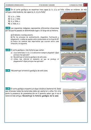 IES	
  BAÑADEROS	
  CIPRIANO	
  ACOSTA	
  	
  	
  	
  	
  	
  	
  	
  	
  	
  	
  	
  	
  	
  	
  	
  	
  	
  	
  	
  	
  	
  	
  	
  	
  	
  	
  	
  	
  	
  	
  	
  	
  	
  	
  	
  	
  	
  	
  	
  	
  	
  	
  	
  	
  	
  	
  	
  	
  	
  	
  	
  	
  	
  	
  	
  4º	
  ESO	
  BIOLOGÍA	
  	
  Y	
  GEOLOGÍA	
  	
  	
  	
  	
  	
  	
  	
  	
  	
  	
  	
  	
  	
  	
  	
  	
  	
  	
  	
  	
  	
  	
  	
  	
  	
  	
  	
  	
  	
  	
  	
  	
  	
  	
  	
  	
  	
  	
  	
  	
  	
  	
  	
  	
  	
  	
  	
  	
  	
  	
  	
  	
  	
  EL	
  PASADO	
  DE	
  LA	
  TIERRA 3
A.01. En el corte geológico se muestran tres capas (a, b, c) y un falla. ¿Cómo se ordenan, de más
antigua a más moderna, las capas (a, b, c) y la falla?
1) a, b, c, falla
2) b, a, c, falla
3) b, a, falla, c
4) a, falla, b, c
A.02. Las siguientes imágenes representan diferentes situaciones
por las que ha pasado un determinado lugar a lo largo de su historia.
a) Ordénalas cronológicamente.
b) De los procesos de sedimentación, diagenésis, fosilización y
plegamiento. ¿cuáles se pueden estar produciendo en la situación B?
c) Indica los cambios más importantes que ocurren entre cada
situación y la siguiente.
A.03. El corte geológico. Una historia que contar.
a) ¿Los materiales A, B, C, D estuvieron siempre plegados? ¿Qué
principio has aplicado?
b) Reconstruye la historia geológica de esta zona.
c) ¿Cómo has inferido el momento en que se produjo el
plegamiento? ¿Qué principio has aplicado?
A.04. Reconstruye la historia geológica de esta zona.
A.05. El corte geológico muestra un dique volcánico (material H). Dado
que atraviesa todos los materiales debe ser posterior a ellos. Por otra
parte la presencia de granoselección en C permite saber que A es el
material más antiguo. Reconstruye la historia geológica de la zona
 