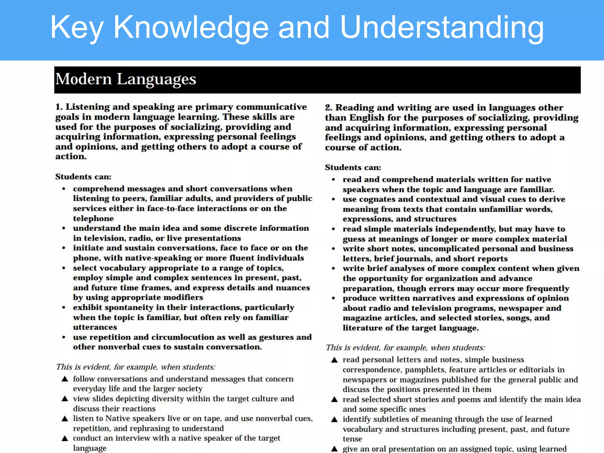 Key Knowledge and Understanding
 