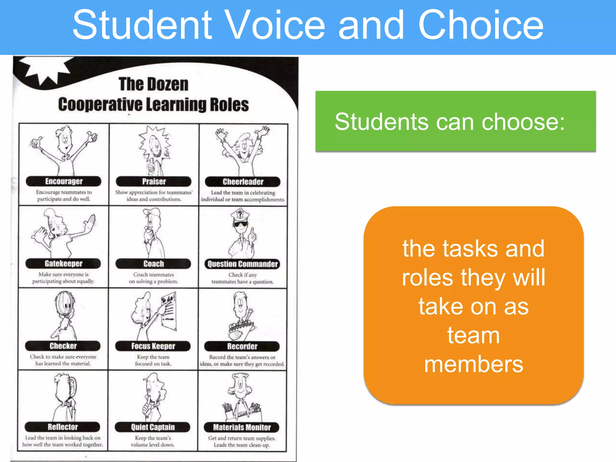 Student Voice and Choice
the tasks and
roles they will
take on as
team
members
Students can choose:
 