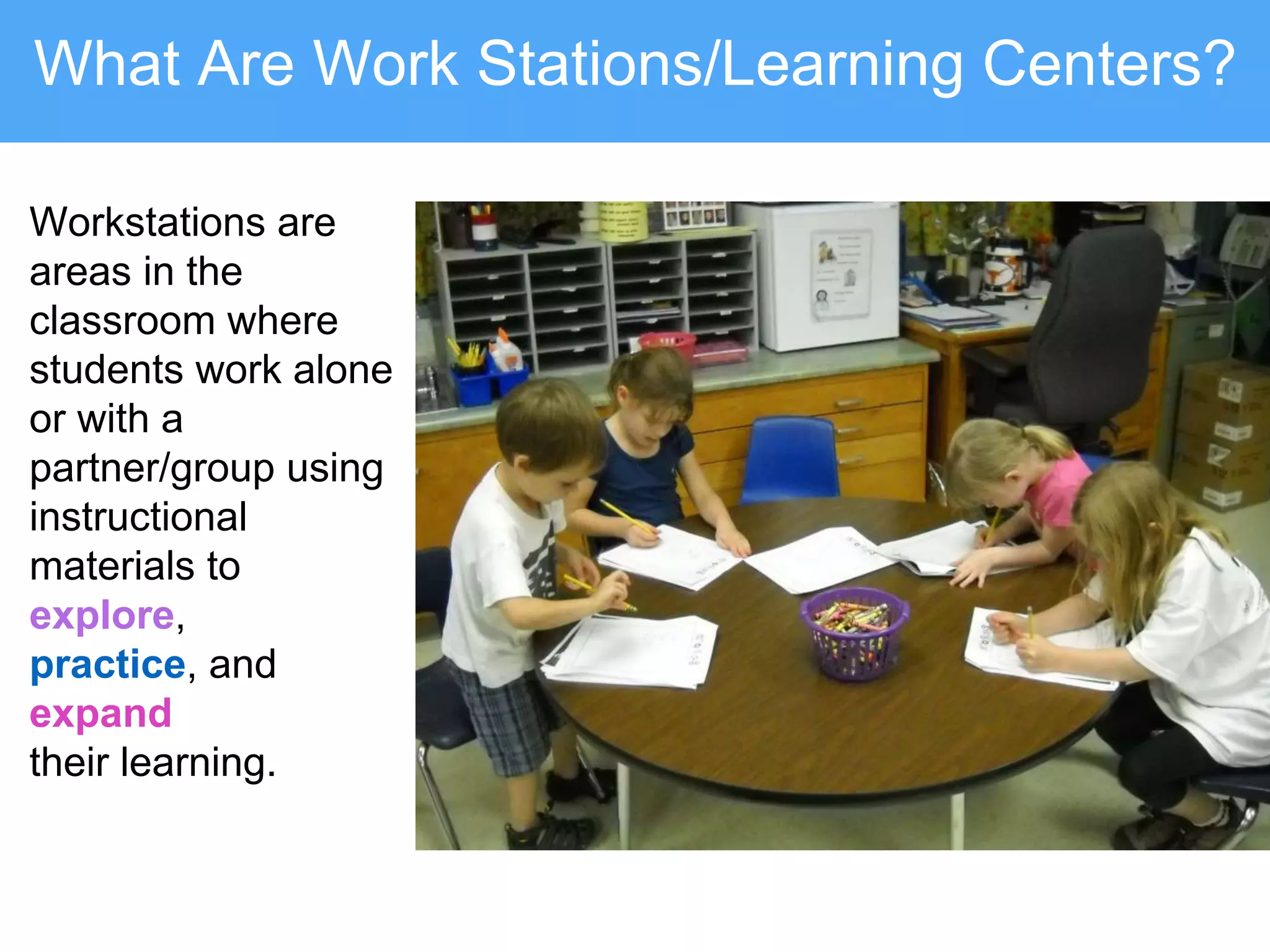 Workstations are
areas in the
classroom where
students work alone
or with a
partner/group using
instructional
materials to
explore,
practice, and
expand
their learning.
What Are Work Stations/Learning Centers?
 