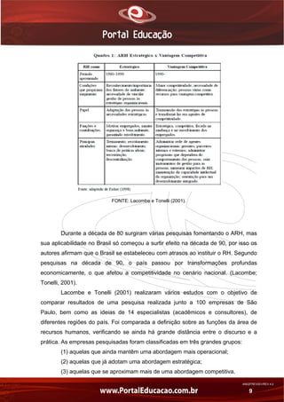 AN02FREV001/REV 4.0
9
FONTE: Lacombe e Tonelli (2001).
Durante a década de 80 surgiram várias pesquisas fomentando o ARH, mas
sua aplicabilidade no Brasil só começou a surtir efeito na década de 90, por isso os
autores afirmam que o Brasil se estabeleceu com atrasos ao instituir o RH. Segundo
pesquisas na década de 90, o país passou por transformações profundas
economicamente, o que afetou a competitividade no cenário nacional. (Lacombe;
Tonelli, 2001).
Lacombe e Tonelli (2001) realizaram vários estudos com o objetivo de
comparar resultados de uma pesquisa realizada junto a 100 empresas de São
Paulo, bem como as ideias de 14 especialistas (acadêmicos e consultores), de
diferentes regiões do país. Foi comparada a definição sobre as funções da área de
recursos humanos, verificando se ainda há grande distância entre o discurso e a
prática. As empresas pesquisadas foram classificadas em três grandes grupos:
(1) aquelas que ainda mantêm uma abordagem mais operacional;
(2) aquelas que já adotam uma abordagem estratégica;
(3) aquelas que se aproximam mais de uma abordagem competitiva.
 