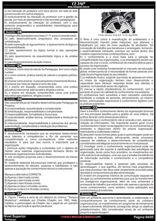 Prefeitura Municipal de Ananindeua/PA Página 04/05Nível Superior
Pedagogo
C) da interação do professor com seus alunos, em sala de aula
convencional e em outros espaços.
D) exclusivamente da interação do professor com a gestão da
escola, por meio do planejamento e das reuniões pedagógicas.
E) exclusivamente da interação do professor com o seu
conteúdo programático e possibilidades metodológicas para
desenvolvê-lo.
O estágio das operações concretas (7-11 anos) é caracterizado:
A) pelo desenvolvimento progressivo dos processos de
simbolização.
B) pela superação do egocentrismo, o aparecimento da lógica e
da reversibilidade.
C) pelo aparecimento da lógica formal e das operações
dedutivas.
D) pelo aparecimento da exaustividade lógica e de análise
teórica.
E) pelo desenvolvimento da ação motora.
ADidática, como área de estudo da Pedagogia, tem como objeto
nuclear:
A) o como ensinar, prática isenta de valores e projetos político-
sociais.
B) ensinar como ensinar, numa perspectiva meramente técnica.
C) ensinar por meio de regras a como dar aula.
D) o ensino em situação, compreendido como uma prática
educativa intencional, estruturada e dirigida a outros.
E) o ensino em situação, compreendido como uma prática
educativa sem objetivos, dirigida a outros.
São características do trabalho desenvolvido pela Pedagogia de
Projetos:
A) ocasionalidade, exaustividade e complexidade.
B) simbolização, responsabilidade e complexidade.
C) responsabilidade, formalidade e burocracia.
D) exaustividade, análise teórica, complexidade e resolução de
problemas.
E) intencionalidade, responsabilidade e autonomia dos alunos,
autenticidade, complexidade e resolução de problemas.
É absolutamente necessário que as empresas desenvolvam
seus talentos e competências a fim de aumentar sua
competitividade e, como conseqüência, obter melhores
resultados. E para que isso ocorra, é importante que a
organização:
I- promova ações integradas e conectadas com o objetivo de
manter seus sistemas organizacionais fechados dentro de
estruturas organizacionais verticalizadas;
II- crie condições propícias para o desenvolvimento de líderes
eficazes;
III- implante sistemas educacionais internos que privilegiem o
desenvolvimento de atitudes, posturas e habilidades, e não
apenas a aquisição de conhecimento técnico e instrumental.
Marque a alternativa CORRETA.
A)Apenas o item I está correto.
B)Apenas o item II está correto.
C)Apenas o item III está correto.
D)Apenas os itens I e II estão corretos.
E)Apenas os itens II e III estão corretos.
A Figura 1 ilustra a cena de um clássico do cinema: “Tempos
Modernos”, estrelado por Charles Chaplin, em 1963. Nele,
Carlitos, o personagem de Chaplin, faz o papel de um operário
de fábrica cuja função é apertar parafusos.
Gerir e transferir conhecimento dentro da organização torna-se
um dos principais desafios para a gestão do novo milênio. Tal
prática deve ter como pressuposto básico:
A) entender que o conhecimento não é conexão e sim, apenas a
coleção de informações. Tão importante quanto gerar novos
conhecimentos é fazer novas ligações com os conhecimentos já
existentes e disponíveis dentro da própria organização,
estimulando a criatividade coletiva.
B) descobrir novas formas pelas quais a aprendizagem pode ser
estimulada e intensificada, estruturando, ainda, processos
capazes de viabilizar o desenvolvimento de competências
consideradas estratégicas exclusivamente no nível pessoal.
C) investigar como o conhecimento organizacional pode ser
gerenciado para dar suporte à viabilização das estratégias da
organização, tendo como foco prioritário, os investimentos em
infra-estrutura tecnológica, uma vez que a simples transferência
de informação aumenta o conhecimento e a competência
existente.
D) responsabilizar líderes e gestores pelo processo de
aprendizagem, o que significa, em termos mais pragmáticos,
que esse processo não deve estar amplamente ancorado pelas
decisões e compromissos da alta administração.
E) investir em programas internos de comunicação capazes de
divulgar os conhecimentos existentes para que se transformem
em inteligência organizacional, além de criar ambientes e
processos de trabalho que estimulem não apenas a geração de
novos conhecimentos, como também, novas aplicações aos
conhecimentos já existentes.
O filme é uma crítica à massificação do proletariado e a
desumanização imposta pelas máquinas, que alienava o
trabalhador por meio da mera repetição de atividades. Tal
concepção de trabalho que banalizava o empregado, tornando-
o essencialmente rotinizado, precisou ser revista dentro dos
modelos organizacionais contemporâneos, pois:
A) o conhecimento é a nova base para a geração de
competitividade nas organizações, e os empregados devem ser
capazes de criar e inovar, contribuindo de maneira efetiva para o
sucesso da organização.
B) existe uma mudança fundamental no mercado de educação
global, evidenciando-se a necessidade de formar pessoas com
visão local e fragmentada do seu trabalho.
C) a realidade mudou, exigindo que todas as pessoas em todos
os níveis da organização tenham bem desenvolvida a
capacidade para oferecer respostas lentas aos clientes e
usuários, com absoluto senso de urgência.
D) vive-se a rápida obsolescência do conhecimento, com o
aumento do prazo de validade do conhecimento ora existente.
E) profissionais bem sucedidos e bem colocados costumam
manifestar a vontade de aprender, demonstrando, ao mesmo
tempo, preocupação responsável e conformismo legítimo com
as práticas existentes.
Figura 1
Fonte: Revista Você S/A. 74 ed. Ago/2004.
Questão
Questão
Questão
Questão
Questão
Questão
28
29
30
31
32
33
Sem um ambiente que torne o aprendizado, a colaboração e o
compartilhamento de conhecimento parte do cotidiano
organizacional, os investimentos em programas de treinamento
e desenvolvimento dificilmente conseguirão atingir os objetivos
predeterminados. São considerados sinais de um ambiente
propício à aprendizagem:
Questão 34
www.pciconcursos.com.br
 