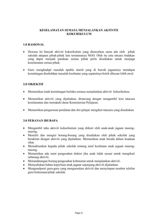 KESELAMATAN SEMASA MENJALANKAN AKTIVITI
                         KOKURIKULUM


1.0 RASIONAL

 Dewasa ini banyak aktiviti kokurikulum yang ditawarkan sama ada oleh pihak
  sekolah ataupun pihak-pihak lain terutamanya NGO. Oleh itu satu tatcara tindakan
  yang dapat menjadi panduan semua pihak perlu disediakan untuk menjaga
  keselamatan semua pihak.

 Guru menghadapi masalah apabla murid yang di bawah jagaannya mendapat
  kemalangan disebabkan masalah kesihatan yang sepatutnya boleh dikesan lebih awal.


2.0 OBJEKTIF

 Memastikan tiada kemalangan berlaku semasa menjalankan aktiviti kokurikulum.

 Memastikan aktiviti yang dijalankan, dirancang dengan mengambil kira tatacara
  keselamatan dan mematuhi dasar Kementerian Pelajaran.

 Memastikan pengurusan peralatan dan diri pelajar mengikut tatacara yang disediakan.


3.0 PERANAN IBUBAPA

 Mengambil tahu aktiviti kokurikulum yang diikuti oleh anak-anak jagaan masing-
  masing.
 Meneliti dan mengisi borang-borang yang disediakan oleh pihak sekolah yang
  berakitan dengan aktiviti yang dijalankan. Memastikan anak berada dalam keadaan
  sihat.
 Memaklumkan kepada pihak sekolah tentang taraf kesihatan anak jagaan masing-
  masing.
 Memastikan ada surat pengesahan doktor jika anak tidak sesuai untuk mengikuti
  sebarang aktiviti.
 Menandatangan borang pengesahan kebenaran untuk menjalankan aktiviti.
 Menyediakan bahan keperluan anak jagaan sepanjang aktiviti dijalankan.
 Mengenalpasti guru-guru yang menguruskan aktiviti dan menyimpan nombor telefon
  guru berkenaan/pihak sekolah.




                                       Page 21
 