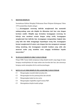 A.   DEFINISI DISIPLIN

     Jawatankuasa Kabinet Mengkaji Pelaksanaan Dasar Pelajaran Kebangsaan Tahun
     1979 mentakrifkan disiplin sebagai:
     ”..........Kesanggupan seseorang individu menghormati dan mematuhi
     undang-undang sama ada disiplin itu dikenakan dari luar atau dengan
     kerelaan sendiri. Disipilin juga bermakna kesanggupan seseorang itu
     bekerja atau membuat sesuatu dengan cukup tertib, kesanggupan
     menghormati hak individu lain, kesanggupan mengamalkan tingkah laku
     yang baik dan tidak mengganggu kepentingan orang lain, kesanggupan
     hormat menghormati di antara satu dengan lain dan mempunyai semangat
     tolong menolong, dan kesanggupan memaiki keadaan yang sedia ada
     menerusi usaha yang membina serta sanggup berkhidmat kepada
     masyarakat.”


B.   WAWASAN DISIPLIN SMK TAMAN INDAH
     Pelajar SMK Taman Indah mempunyai tahap disiplin kendiri yang tinggi di mana
     berupaya mendisiplinkan diri tanpa arahan atau kawalan dari luar, dan seterusnya
     berupaya untuk memajukan diri ke arah kecemerlangan.


C.   KENYATAAN MISI DISIPLIN PELAJAR SMK TAMAN INDAH
     C1     Mengurangkan masalah tidak kemaskan diri.
     C2     Mengurangkan kes-kes ponteng kelas dan sekolah.
     C3     Mengurangkan kadar kes-kes serius
     C4     Mengurangkan tingkahlku negatif semasa P&P.
     C5     Meningkatkan disiplin kendiri pelajar




                                      Page 42
 