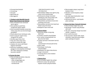                                                                                                                                      ‐ 2 ‐


    • Ponteng kelas/sekolah                        ‐ tidak betah berada di rumah            • Menenangkan pelajar yang dalam 
    • Termenung                                    ‐ bercakap kasar                           keadaan stress 
    • Penyakit                                 •   Menyediakan didikan asas agama yang      • Memberi nasihat kepada p‐elajar 
    • Merendah diri                                cukup untuk anak/keluarga                  berkenaan 
    • Meninggi diri                            •   Berkerjasama dengan kaunselor            • Jika tidak dapat diselesaikan rujuk 
                                                   sekolah,guru dan semua pihak untk          kepada kaunselor 
    F. Panduan untuk Memiliki Emosi &              menyelesaikan masalah anak.              • Sekiranya kes berat, rujuk kepada 
    Rohani Yang Tenteram dan Selamat           •   Menyediakan pemakanan berzat dan           pakar psikologi. 
    • Perlu memahami dan mematuhi                  seimbang untuk anak                     
      ajaran agama.                            •   Menyediakan peralatan dan keperluan    J. Tatacara Ibu Bapa / Komuniti Setempat 
    • Perlu berfikiran positif dan                 belajar yang mencukupi                    • Peka terhadap tingkah laku anak 
      menghindari gejala negatif.               •  Mengenali rakan anak‐anak                 • Mendengar masalah yang dihadapi 
    • Perlu memahami bahawa mental dan                                                         oleh anak 
      rohani yang sihat asas kecemerlangan     H. Tatacara Pelajar                           • Jika perlu, berjumpa dengan kaunselor 
      pendidikan.                               • Berjumpa dengan orang yang                   sekolah , pengetua 
    • Patuhi jadual harian kehidupan anda.         dipercayai                                • Ikut nasihat kaunselor 
    • Kasihi orang lain seperti mana            • Ceritakna masalah yang dihadapi            • Jika kaunselor sekolah tidak  dapat 
      mengasihi diri sendiri.                   • Ikut nasihat orang yang lebih tua            selesaikan, bawa berjumpa dengan 
    • Amalkan gaya hidup sihat                     (guru,ibu dan bapa)                         pakar psikologi di hospital. 
    • Tidur dan rehat yang cukup                • Luahkan perasaan anda dalam bentuk:         
    • Berfikiran terbuka dan logik                 ‐tulisan 
    • Libatkan diri secara aktif dalam             ‐lisan(menjerit,menyanyi,berserita) 
      kegiatan berfaedah                        • Aktivi riadah 
    • Sekiranya menghadapi masalah              • Mendengar muzik yang 
      gangguan emosi,dapatkan bimbingan            menyenangkan 
      dari rakan sebaya,guru,ibubapa,           • Melibatkan diri dalam kokurikulum 
      kaunselor sekolah.                        • Jangan menyendiri 
                                                • Isi borang aduan untuk tindakan 
G. Peranan ibu bapa                                selanjutnya 
  • Peka terhadap perubahan sikap dan            
    tingkah anak seperti                        I. Tatacara Guru 
    ‐ selalu mengasingkan diri                  • Peka terhadap tingkah laku pelajar 
    ‐ muram dan bersedih                        • Menerima aduan dan perhatian 
    ‐ memberontak                                  kepada masalah yang diceritakan 
 