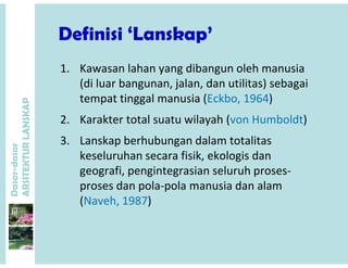 Definisi ‘Lanskap’Definisi Lanskap
1 Kawasan lahan yang dibangun oleh manusia
P
1. Kawasan lahan yang dibangun oleh manusia 
(di luar bangunan, jalan, dan utilitas) sebagai 
tempat tinggal manusia (Eckbo, 1964)
ANSKAP
tempat tinggal manusia (Eckbo, 1964)
2. Karakter total suatu wilayah (von Humboldt)
dasar
KTURLA
3. Lanskap berhubungan dalam totalitas
keseluruhan secara fisik, ekologis dan
fi i i l h
Dasar-d
ARSITE
geografi, pengintegrasian seluruh proses‐
proses dan pola‐pola manusia dan alam
(Naveh 1987)(Naveh, 1987)
 