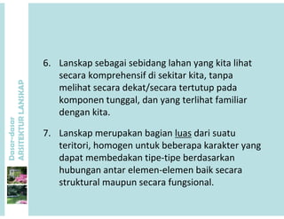 P
6. Lanskap sebagai sebidang lahan yang kita lihat
secara komprehensif di sekitar kita, tanpa
ANSKAP
melihat secara dekat/secara tertutup pada
komponen tunggal, dan yang terlihat familiar 
d kit
dasar
KTURLA
dengan kita.
7. Lanskap merupakan bagian luas dari suatu
Dasar-d
ARSITE
7. Lanskap merupakan bagian luas dari suatu
teritori, homogen untuk beberapa karakter yang 
dapat membedakan tipe‐tipe berdasarkan
hubungan antar elemen‐elemen baik secara
struktural maupun secara fungsional.
 