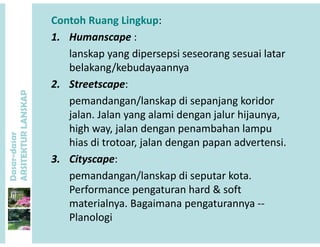 Contoh Ruang Lingkup:
1 H1. Humanscape :
lanskap yang dipersepsi seseorang sesuai latar
b l k /k b d
P
belakang/kebudayaannya
2. Streetscape:
ANSKAP
pemandangan/lanskap di sepanjang koridor
jalan. Jalan yang alami dengan jalur hijaunya, 
dasar
KTURLA
high way, jalan dengan penambahan lampu
hias di trotoar, jalan dengan papan advertensi.
Dasar-d
ARSITE
3. Cityscape: 
pemandangan/lanskap di seputar kota. 
Performance pengaturan hard & soft 
materialnya. Bagaimana pengaturannya ‐‐
l l iPlanologi
 