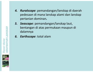 4 R l d /l k di d h4. Ruralscape: pemandangan/lanskap di daerah
pedesaan di mana lanskap alami dan lanskap
pertanian dominan
P
pertanian dominan.
5. Seascape: pemandangan/lanskap laut, 
bentangan di atas permukaan maupun di
ANSKAP
bentangan di atas permukaan maupun di
dalamnya
6 Earthscape total alam
dasar
KTURLA
6. Earthscape: total alam
Dasar-d
ARSITE
 