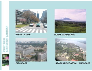 P
STREETSCAPE RURAL LANDSCAPE
ANSKAP
dasar
KTURLA
Dasar-d
ARSITE
CITYSCAPE SEASCAPE/COASTAL LANDSCAPE
 