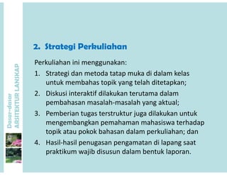 2 St te i Pe k li h
P
Perkuliahan ini menggunakan:
2. Strategi Perkuliahan
ANSKAP
1. Strategi dan metoda tatap muka di dalam kelas
untuk membahas topik yang telah ditetapkan;
dasar
KTURLA
2. Diskusi interaktif dilakukan terutama dalam
pembahasan masalah‐masalah yang aktual;
Dasar-d
ARSITE
3. Pemberian tugas terstruktur juga dilakukan untuk
mengembangkan pemahaman mahasiswa terhadap
t ik t k k b h d l k li h dtopik atau pokok bahasan dalam perkuliahan; dan
4. Hasil‐hasil penugasan pengamatan di lapang saat 
praktikum wajib disusun dalam bentuk laporanpraktikum wajib disusun dalam bentuk laporan.
 