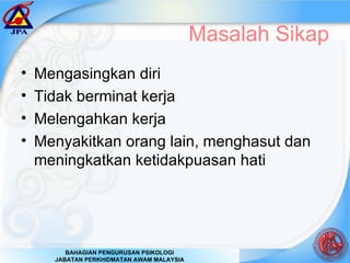 Masalah Sikap Mengasingkan diri Tidak berminat kerja  Melengahkan kerja Menyakitkan orang lain, menghasut dan meningkatkan ketidakpuasan hati 