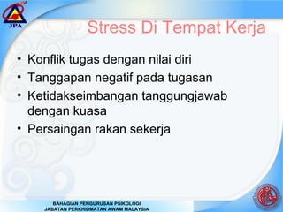 Stress Di Tempat Kerja Konflik tugas dengan nilai diri Tanggapan negatif pada tugasan Ketidakseimbangan tanggungjawab dengan kuasa Persaingan rakan sekerja 