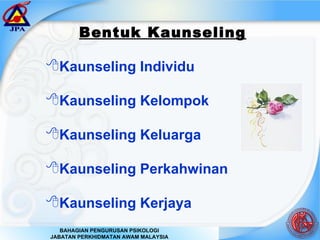 Bentuk Kaunseling Kaunseling Individu Kaunseling Kelompok Kaunseling Keluarga Kaunseling Perkahwinan Kaunseling Kerjaya  