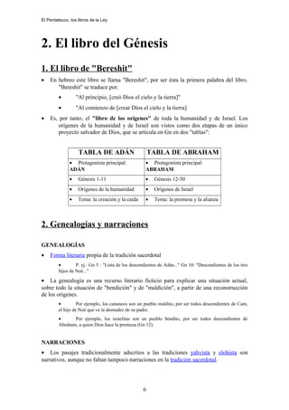 El Pentateuco, los libros de la Ley
2. El libro del Génesis
1. El libro de "Bereshit"
• En hebreo este libro se llama "Bereshit", por ser ésta la primera palabra del libro.
"Bereshit" se traduce por:
• "Al principio, [creó Dios el cielo y la tierra]"
• "Al comienzo de [crear Dios el cielo y la tierra]
• Es, por tanto, el "libro de los orígenes" de toda la humanidad y de Israel. Los
orígenes de la humanidad y de Israel son vistos como dos etapas de un único
proyecto salvador de Dios, que se articula en Gn en dos "tablas":
TABLA DE ADÁN TABLA DE ABRAHAM
• Protagonista principal:
ADÁN
• Protagonista principal:
ABRAHAM
• Génesis 1-11 • Génesis 12-50
• Orígenes de la humanidad • Orígenes de Israel
• Tema: la creación y la caída • Tema: la promesa y la alianza
2. Genealogías y narraciones
GENEALOGÍAS
• Forma literaria propia de la tradición sacerdotal
• P. ej.: Gn 5 : "Lista de los descendientes de Adán..." Gn 10: "Descendientes de los tres
hijos de Noé..."
• La genealogía es una recurso literario ficticio para explicar una situación actual,
sobre todo la situación de "bendición" y de "maldición", a partir de una reconstrucción
de los orígenes.
• Por ejemplo, los cananeos son un pueblo maldito, por ser todos descendientes de Cam,
el hijo de Noé que ve la desnudez de su padre.
• Por ejemplo, los israelitas son un pueblo bendito, por ser todos descendientes de
Abraham, a quien Dios hace la promesa (Gn 12).
NARRACIONES
• Los pasajes tradicionalmente adscritos a las tradiciones yahvista y elohista son
narrativos, aunque no faltan tampoco narraciones en la tradición sacerdotal.
6
 