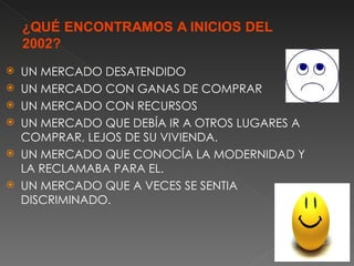    UN MERCADO DESATENDIDO
   UN MERCADO CON GANAS DE COMPRAR
   UN MERCADO CON RECURSOS
   UN MERCADO QUE DEBÍA IR A OTROS LUGARES A
    COMPRAR, LEJOS DE SU VIVIENDA.
   UN MERCADO QUE CONOCÍA LA MODERNIDAD Y
    LA RECLAMABA PARA EL.
   UN MERCADO QUE A VECES SE SENTIA
    DISCRIMINADO.
 