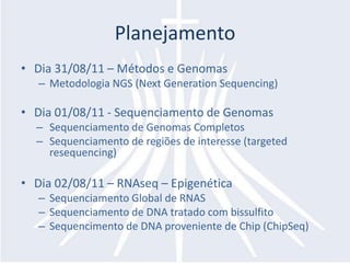 PlanejamentoDia 31/08/11 – Métodos e GenomasMetodologia NGS (Next GenerationSequencing)Dia 01/08/11 - Sequenciamento de Genomas Sequenciamento de Genomas CompletosSequenciamento de regiões de interesse (targetedresequencing)Dia 02/08/11 – RNAseq – EpigenéticaSequenciamento Global de RNASSequenciamento de DNA tratado com bissulfitoSequencimento de DNA proveniente de Chip (ChipSeq)