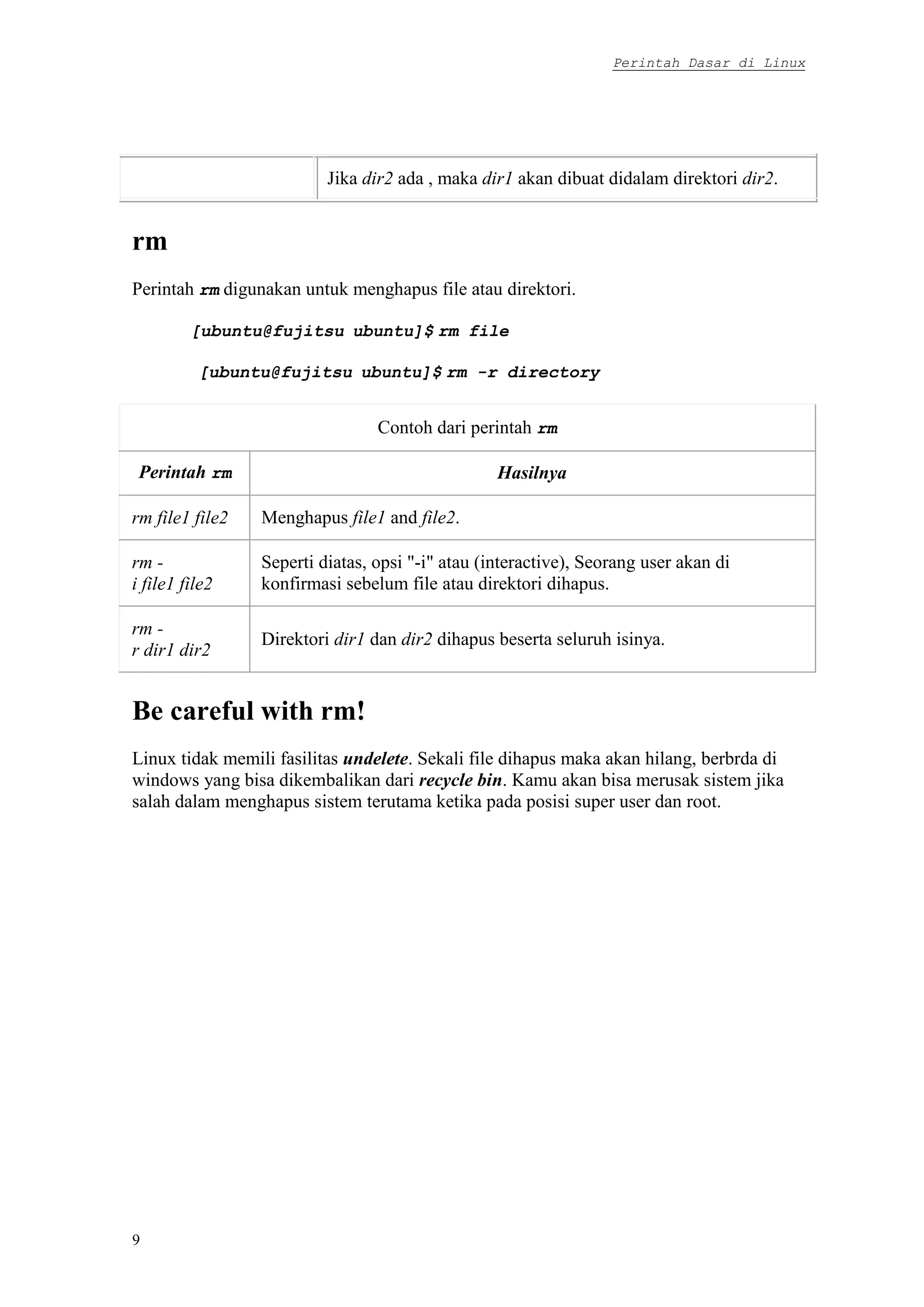 Perintah Dasar di Linux
9
Jika dir2 ada , maka dir1 akan dibuat didalam direktori dir2.
rm
Perintah rm digunakan untuk menghapus file atau direktori.
[ubuntu@fujitsu ubuntu]$ rm file
[ubuntu@fujitsu ubuntu]$ rm -r directory
Contoh dari perintah rm
Perintah rm Hasilnya
rm file1 file2 Menghapus file1 and file2.
rm -
i file1 file2
Seperti diatas, opsi "-i" atau (interactive), Seorang user akan di
konfirmasi sebelum file atau direktori dihapus.
rm -
r dir1 dir2
Direktori dir1 dan dir2 dihapus beserta seluruh isinya.
Be careful with rm!
Linux tidak memili fasilitas undelete. Sekali file dihapus maka akan hilang, berbrda di
windows yang bisa dikembalikan dari recycle bin. Kamu akan bisa merusak sistem jika
salah dalam menghapus sistem terutama ketika pada posisi super user dan root.
 