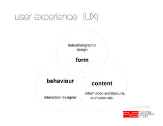user experience (UX)

                     industrial/graphic
                          design

                          form


        behaviour                  content
                               information architecture,
       interaction designer        animation etc.

                                                           Cooper 2006
 