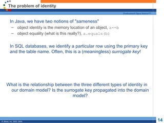 The problem of identity In Java, we have two notions of "sameness" object identity is the memory location of an object,  a==b object equality (what is this really?),  a.equals(b) In SQL databases, we identify a particular row using the primary key and the table name. Often, this is a (meaningless)  surrogate key ! What is the relationship between the three different types of identity in our domain model? Is the surrogate key propagated into the domain model? 