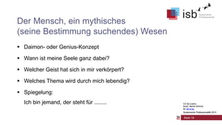 Der Mensch, ein mythisches
(seine Bestimmung suchendes) Wesen
 Daimon- oder Genius-Konzept

 Wann ist meine Seele ganz dabei?
 Welcher Geist hat sich in mir verkörpert?

 Welches Thema wird durch mich lebendig?
 Spiegelung:
Ich bin jemand, der steht für ........

CC-by-Lizenz,
Autor: Bernd Schmid
für isb-w.eu
Systemische Professionalität 2013

Seite 16

 