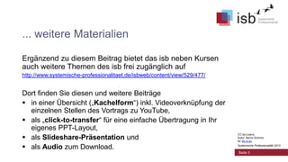 ... weitere Materialien
Ergänzend zu diesem Beitrag bietet das isb neben Kursen
auch weitere Themen des isb frei zugänglich auf
http://www.systemische-professionalitaet.de/isbweb/content/view/529/477/

Dort finden Sie diesen und weitere Beiträge
 in einer Übersicht („Kachelform“) inkl. Videoverknüpfung der
einzelnen Stellen des Vortrags zu YouTube,
 als „click-to-transfer“ für eine einfache Übertragung in Ihr
eigenes PPT-Layout,
 als Slideshare-Präsentation und
 als Audio zum Download.

CC-by-Lizenz,
Autor: Bernd Schmid
für isb-w.eu
Systemische Professionalität 2013

Seite 3

 