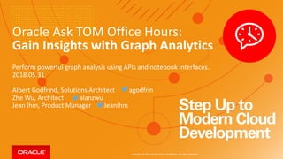 Copyright © 2018, Oracle and/or its affiliates. All rights reserved.
Oracle Ask TOM Office Hours:
Gain Insights with Graph Analytics
Perform powerful graph analysis using APIs and notebook interfaces.
2018.05.31
Albert Godfrind, Solutions Architect agodfrin
Zhe Wu, Architect alanzwu
Jean Ihm, Product Manager JeanIhm
 