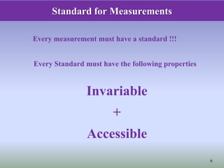 Standard for Measurements
Every measurement must have a standard !!!
Every Standard must have the following properties
Invariable
+
Accessible
6
 