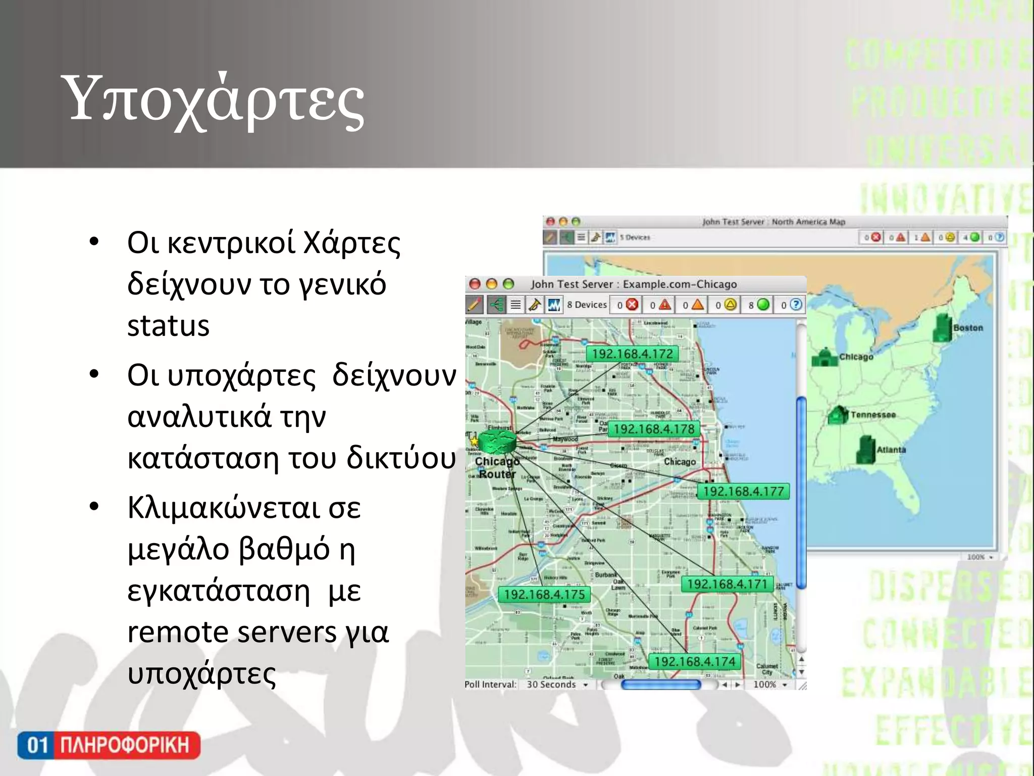 ΥποχάρτεςΟι κεντρικοί Χάρτες δείχνουν το γενικό  statusΟι υποχάρτες  δείχνουν αναλυτικά την κατάσταση του δικτύουΚλιμακώνεται σε μεγάλο βαθμό η εγκατάστασημε remote servers για υποχάρτες