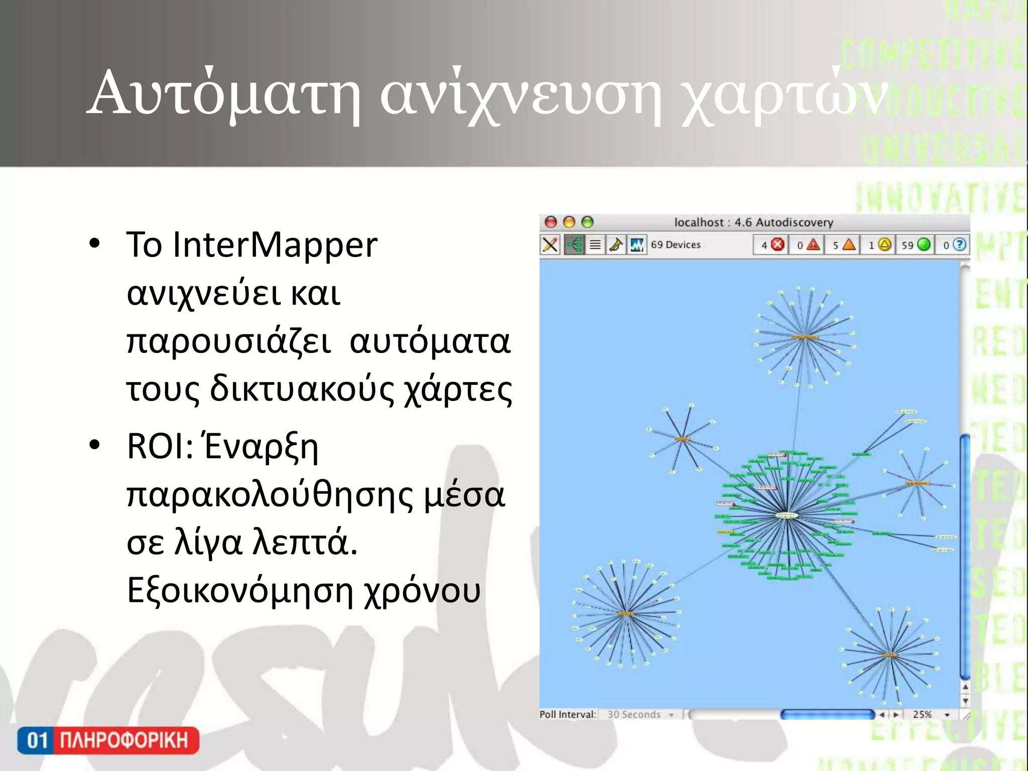 Αυτόματη ανίχνευση χαρτώνΤο InterMapperανιχνεύει και παρουσιάζει  αυτόματα τους δικτυακούς χάρτεςROI: Έναρξη παρακολούθησης μέσα σε λίγα λεπτά.Εξοικονόμηση χρόνου