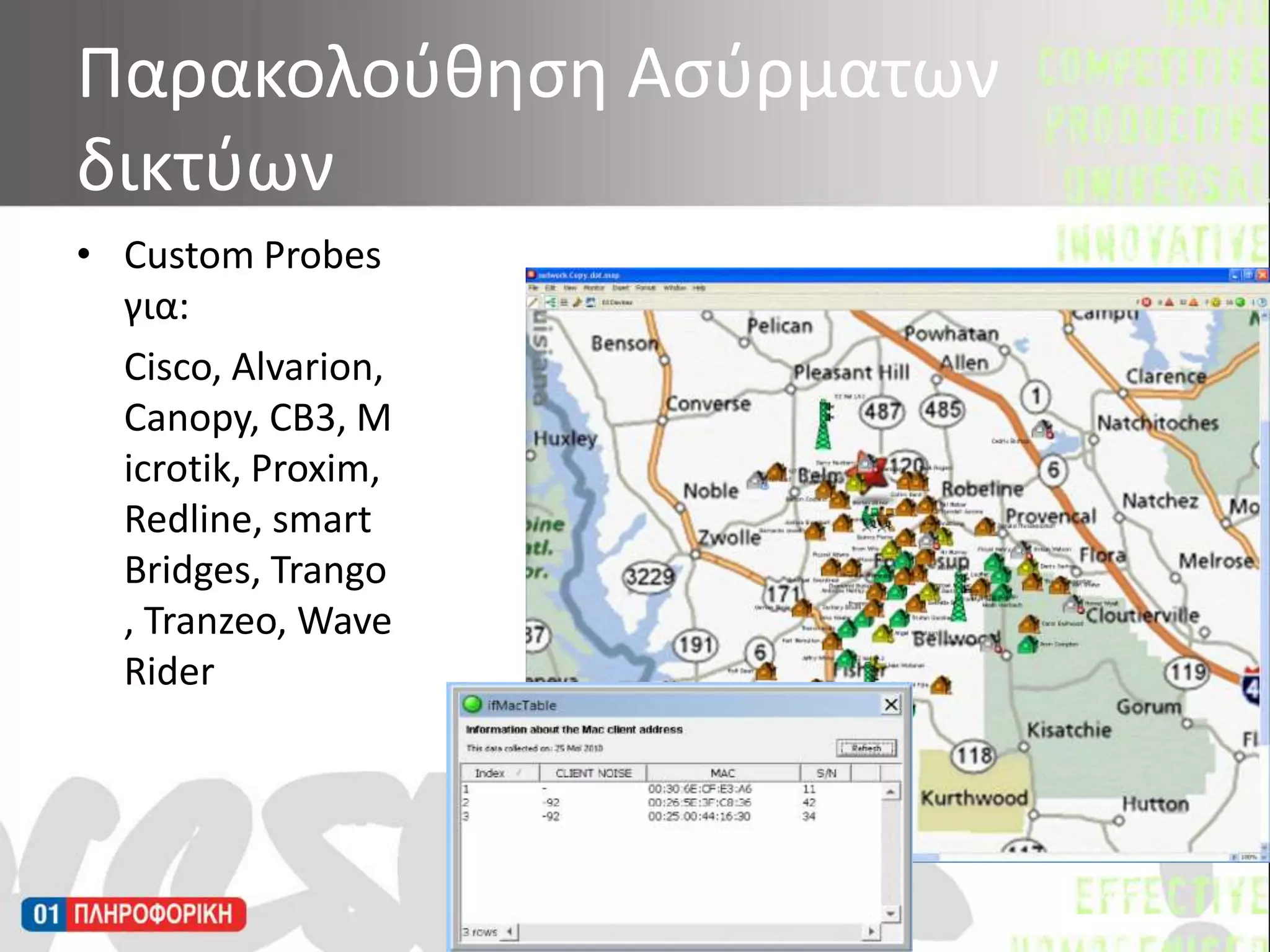 Custom Probes για:	Cisco, Alvarion, Canopy, CB3, Microtik, Proxim, Redline, smartBridges, Trango, Tranzeo, WaveRiderΠαρακολούθηση Ασύρματων δικτύων 