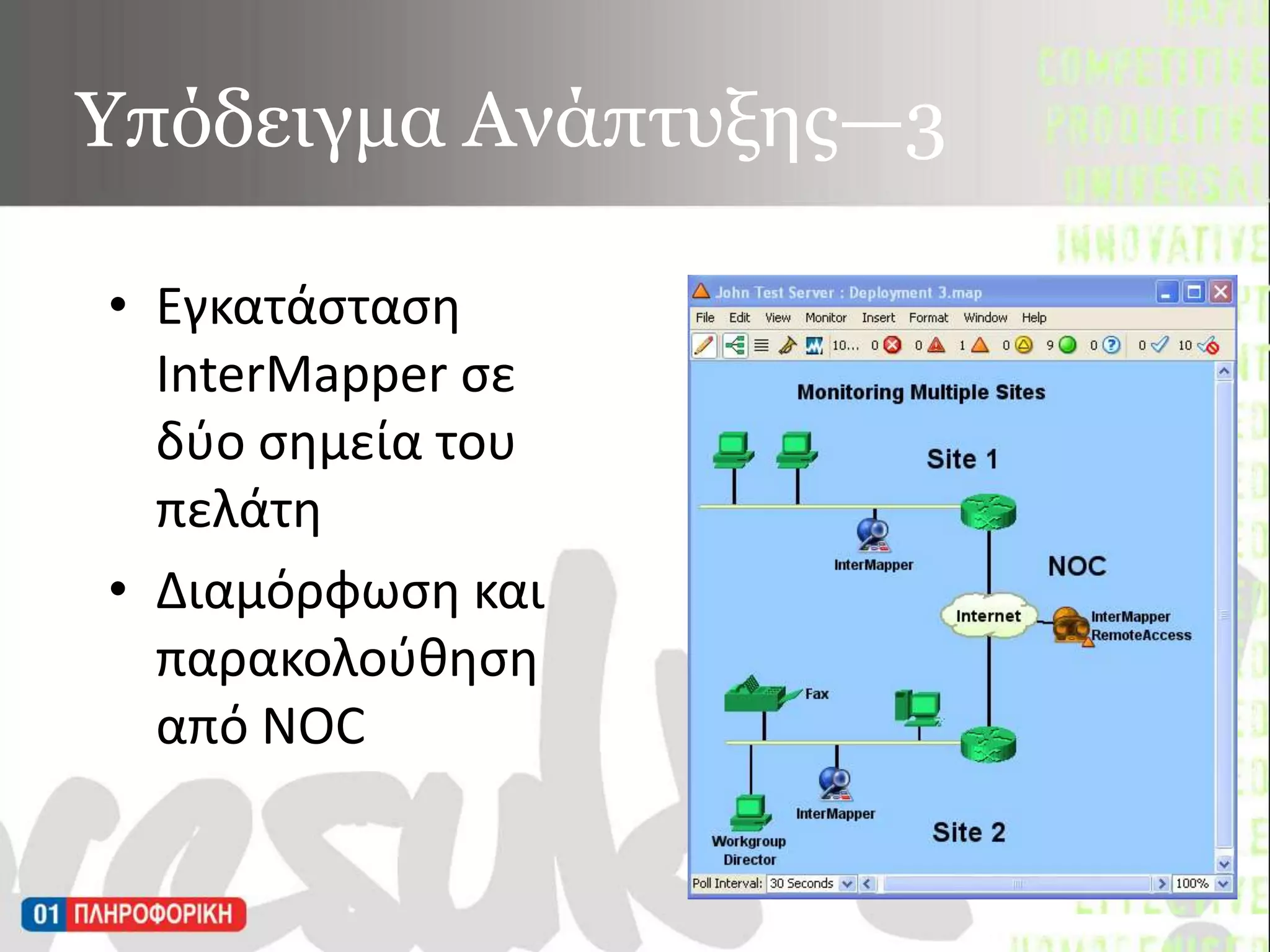 Υπόδειγμα Ανάπτυξης—3Εγκατάσταση InterMapperσε δύο σημεία του πελάτη Διαμόρφωση και παρακολούθηση από NOC