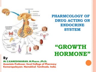 PHARMCOLOGY OF
DRUG ACTING ON
ENDOCRINE
SYSTEM
“GROWTH
HORMONE”
By
Mr.S.KAMESHWARAN.,M.Pharm.,(Ph.D).
Associate Professor, Excel College of Pharmacy
Komarapalayam, Namakkal, Tamilnadu, India.
 