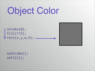 Object Color
stroke(0);
fill(115);
rect(x,y,w,h);

noStroke();
noFill();

 